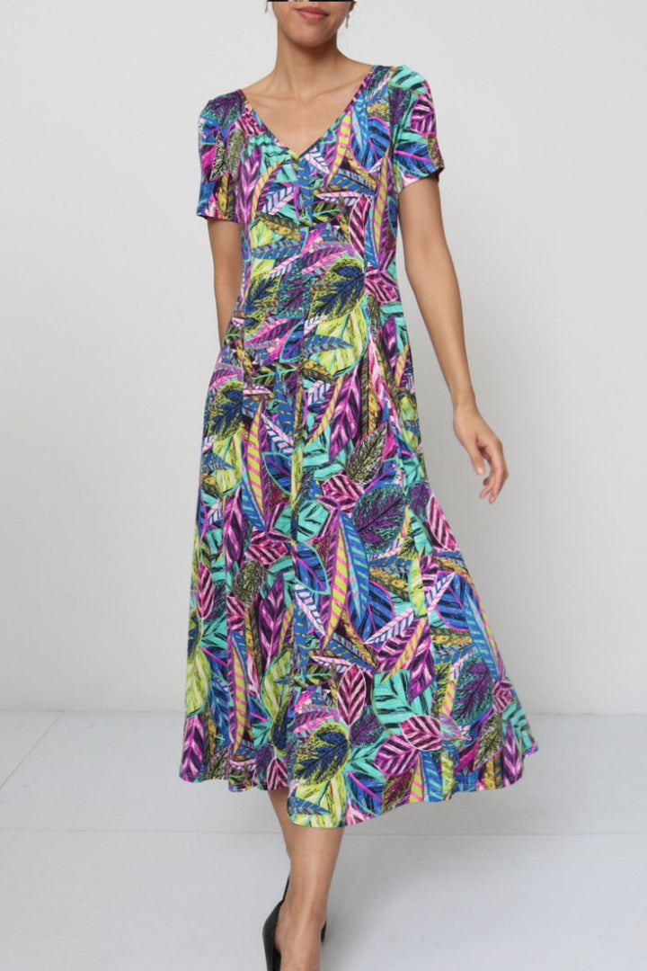 Blue Vibrant Leaf Print V-Neck Maxi Dress