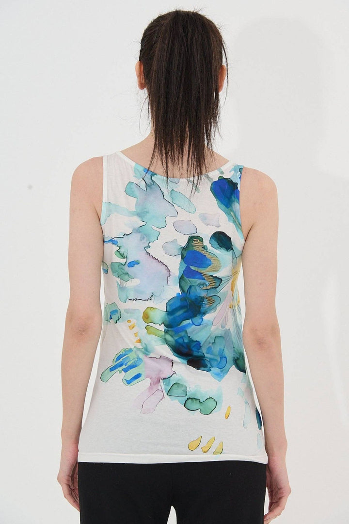 Blue Watercolour Diamante Embellished Print Vest Top