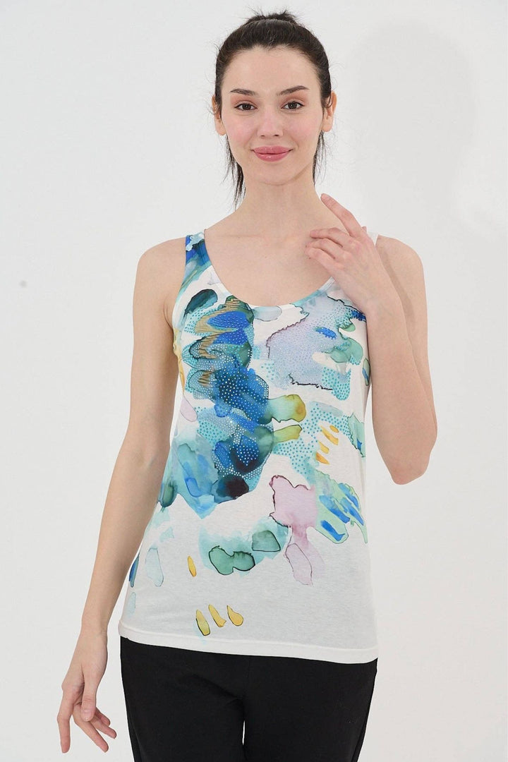 Blue Watercolour Diamante Embellished Print Vest Top