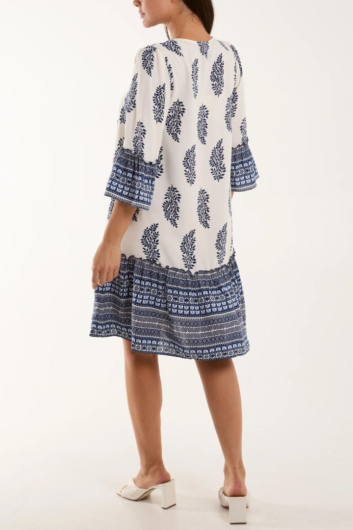 Blue & Cream Leaf Print Smock Tunic Dress