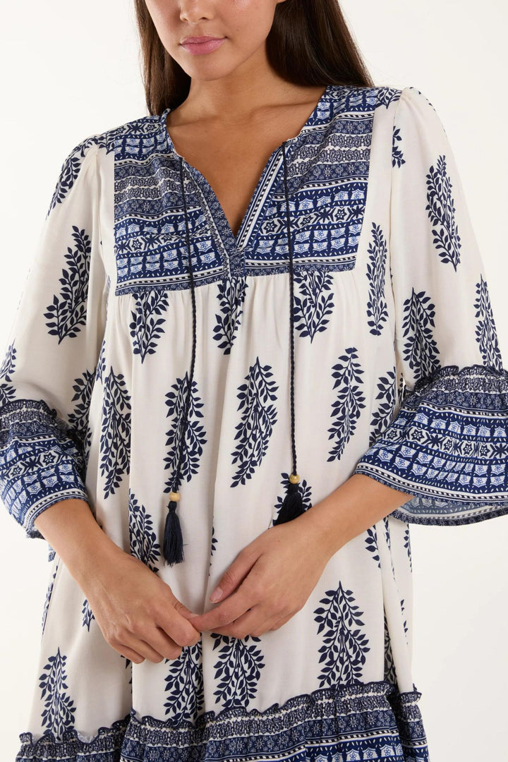 Blue & Cream Leaf Print Smock Tunic Dress