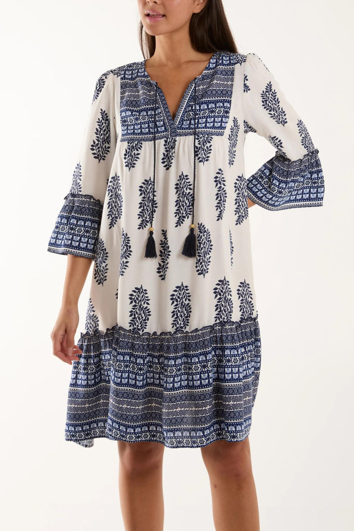 Blue & Cream Leaf Print Smock Tunic Dress