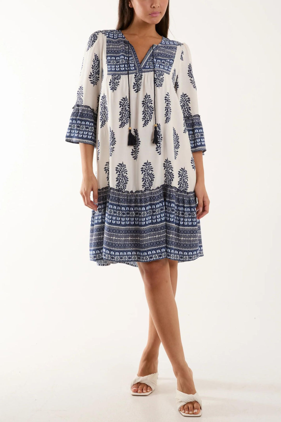 Blue & Cream Leaf Print Smock Tunic Dress