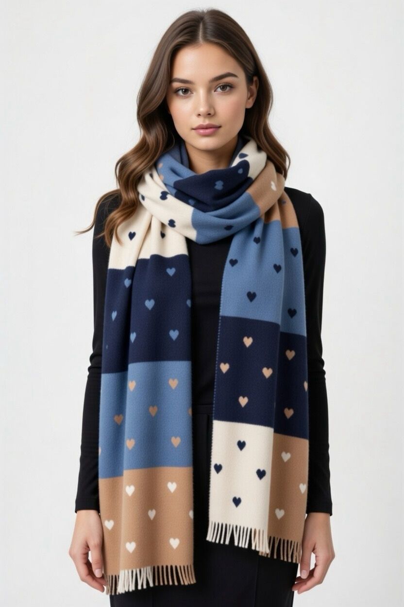 Blue &amp; Neutral Tone Heart Print Scarf