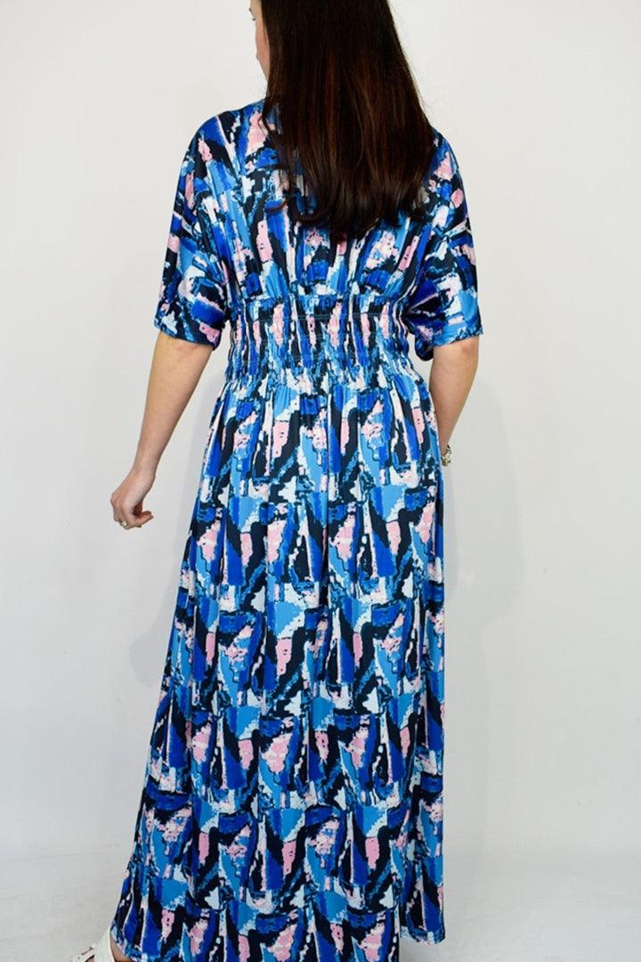 Blue & Pink Angel Sleeve V-Neck Maxi Dress