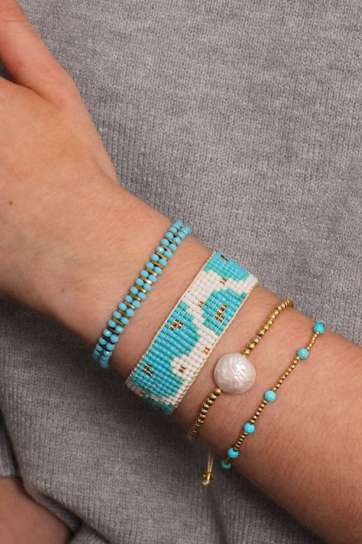 Blue & White Hand Beaded Adjustable Cuff Bracelet