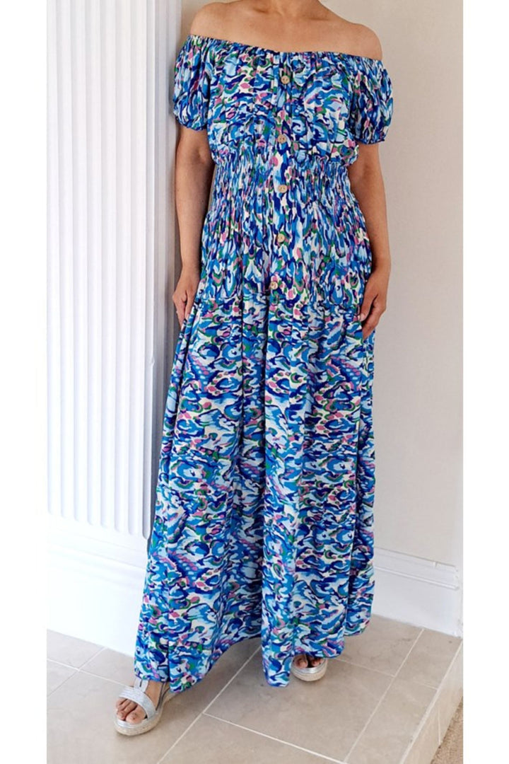 Bright Blue Abstract Print Bardot Shirred Waist Maxi Dress