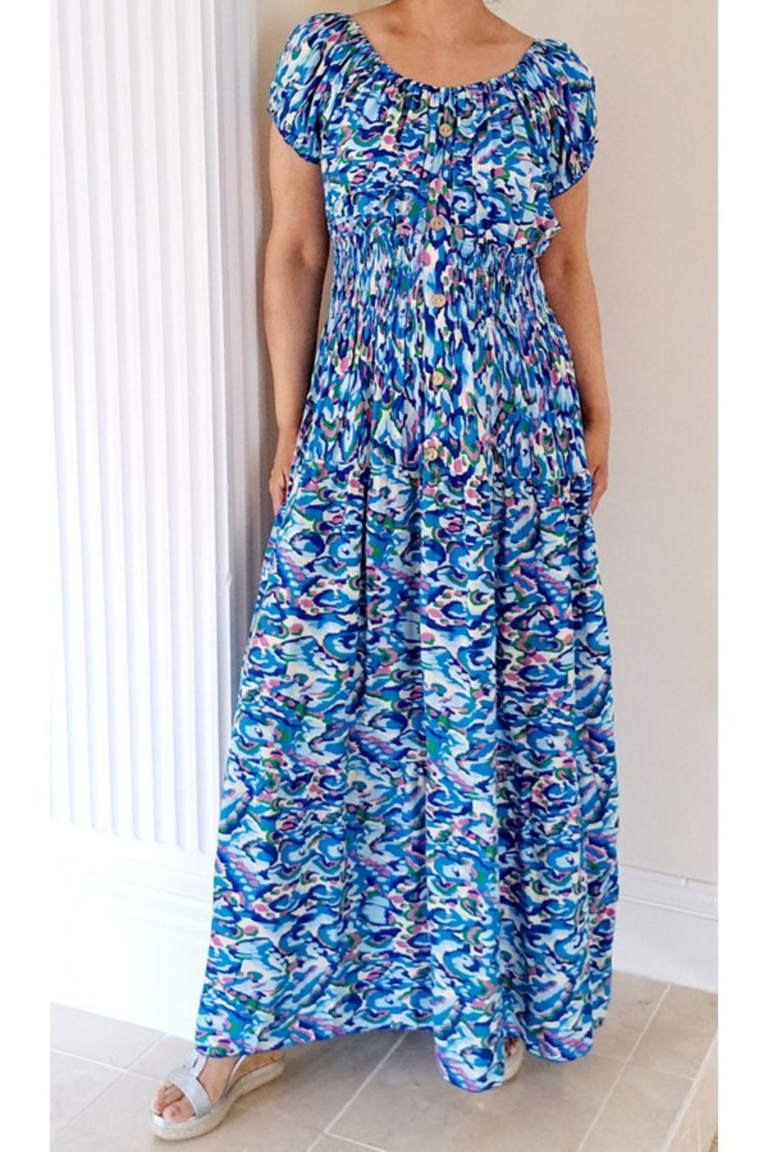 Bright Blue Abstract Print Bardot Shirred Waist Maxi Dress