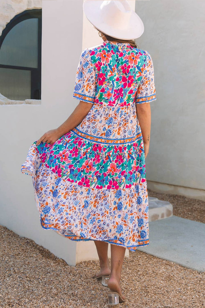 Bright Floral Short Sleeve Midi Dress