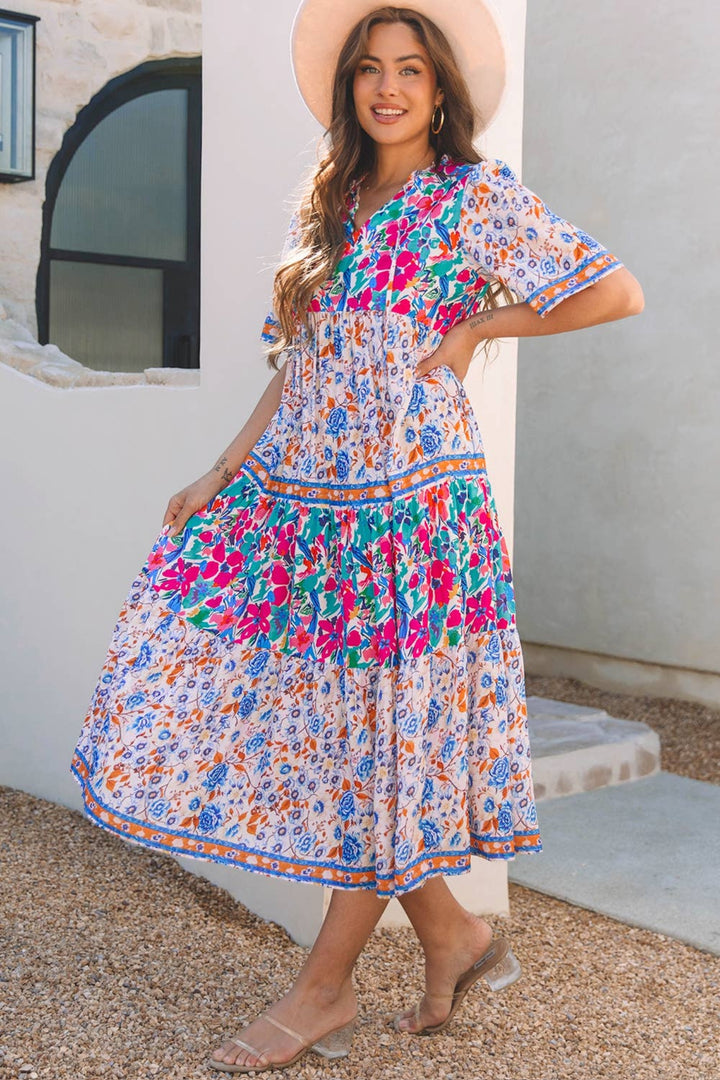 Bright Floral Short Sleeve Midi Dress