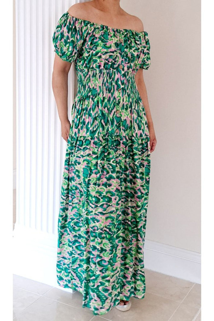 Bright Green Abstract Print Bardot Shirred Waist Maxi Dress