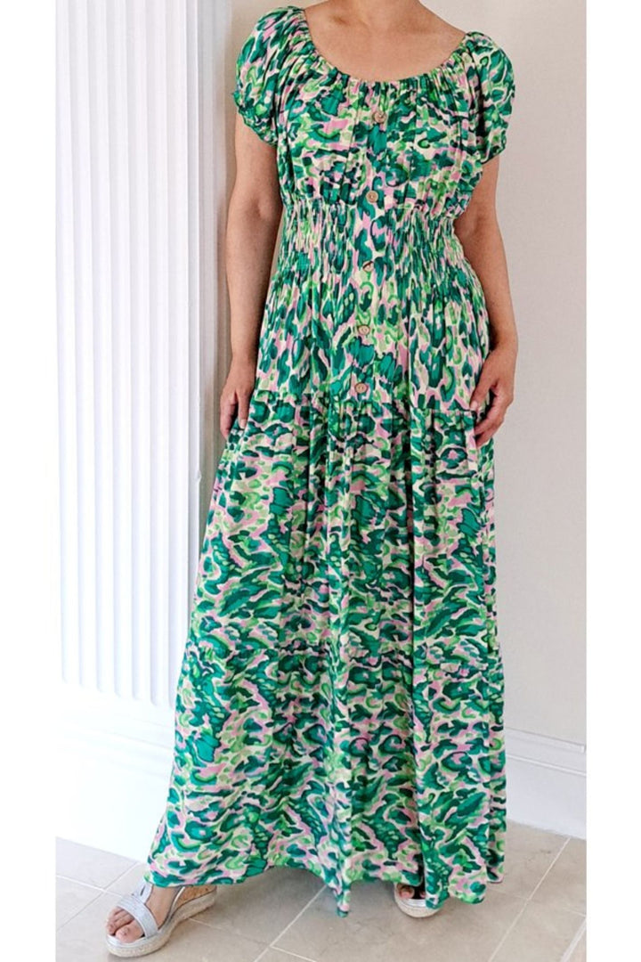Bright Green Abstract Print Bardot Shirred Waist Maxi Dress