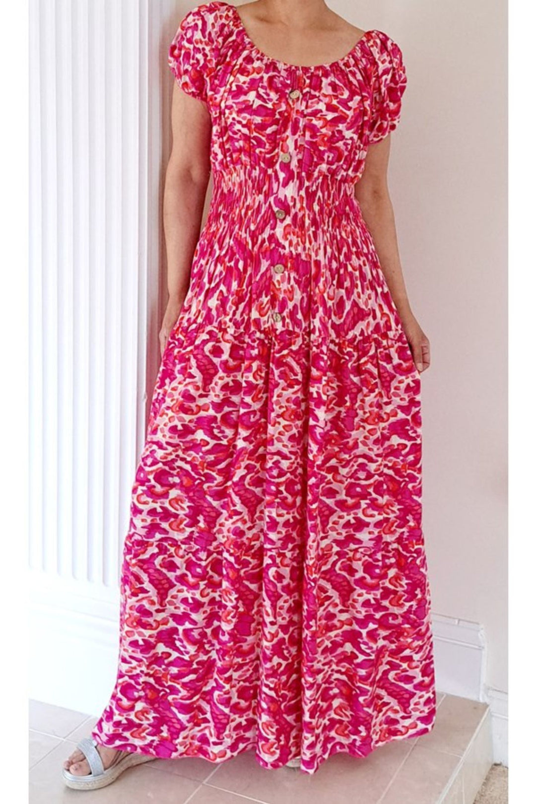 Bright Pink Abstract Print Bardot Shirred Waist Maxi Dress
