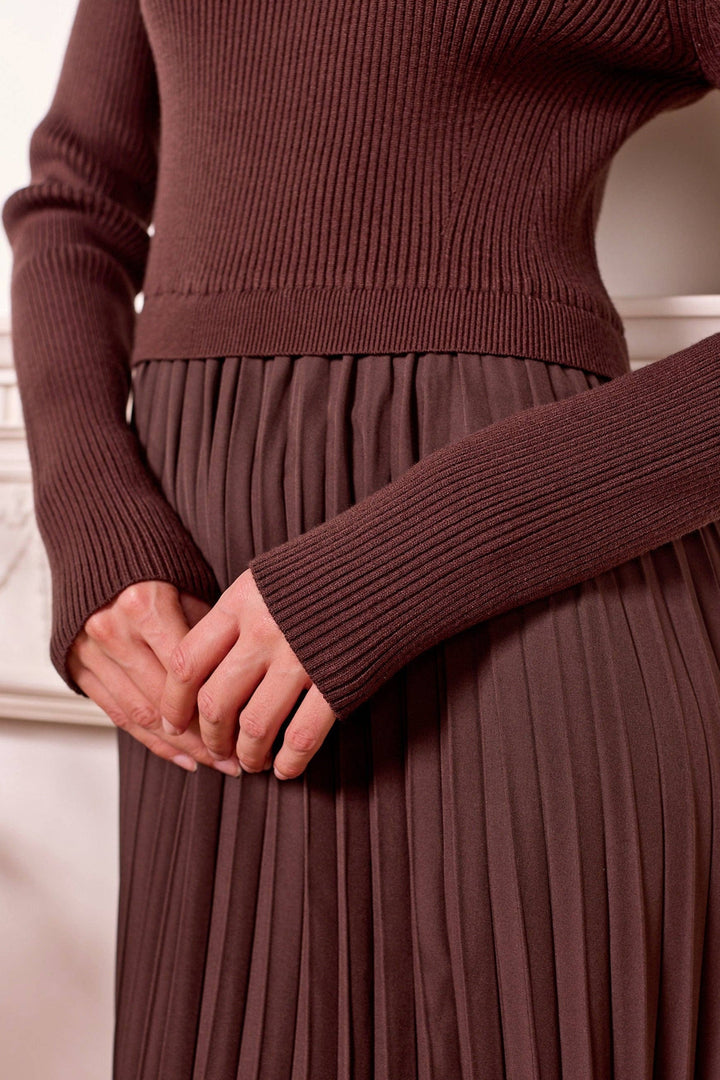 Brown Knit Top and Pleated Skirt Maxi Dress