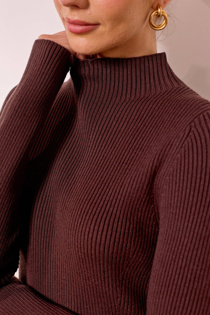 Brown Knit Top and Pleated Skirt Maxi Dress