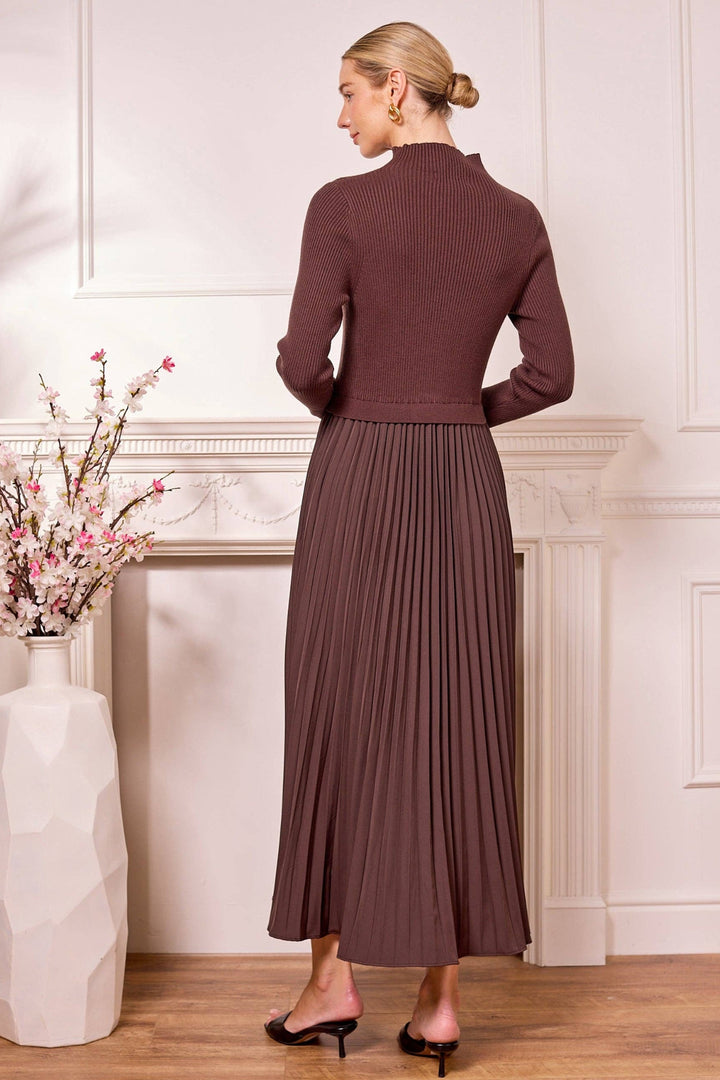 Brown Knit Top and Pleated Skirt Maxi Dress