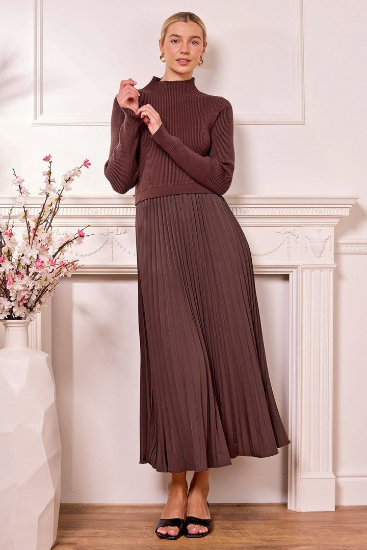 Brown Knit Top and Pleated Skirt Maxi Dress