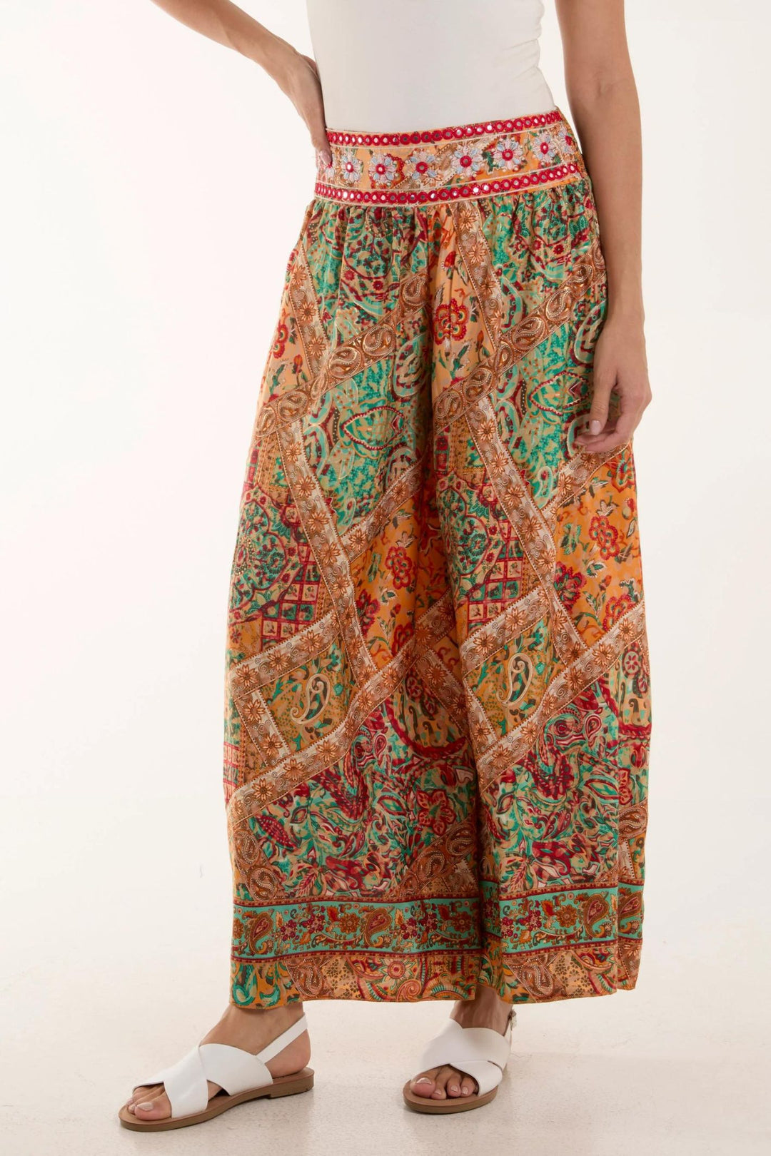 Burnt Orange Mosaic Art Print Wide Leg Pull-On Trousers