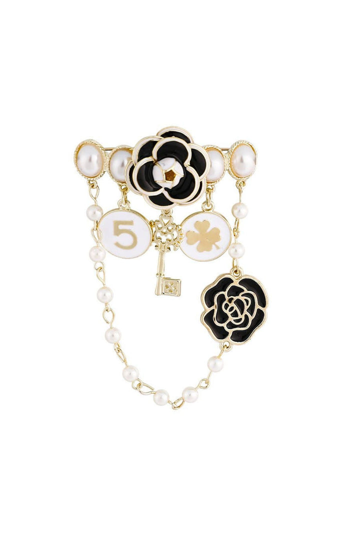 Camellia Brooch No5 Chain & Charms Black