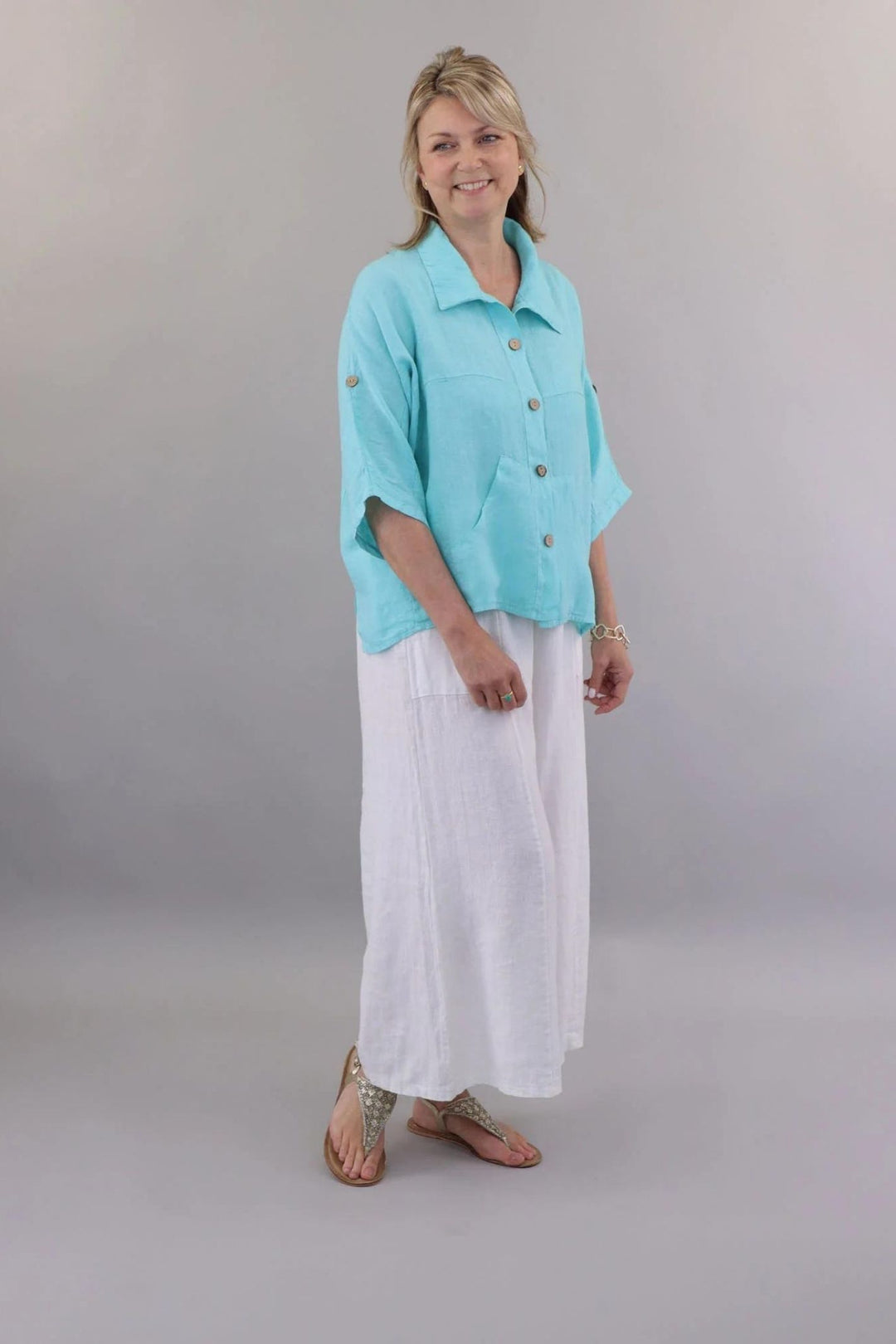 Casual Turquoise Linen Shirt Jacket