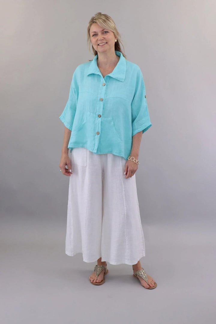 Casual Turquoise Linen Shirt Jacket