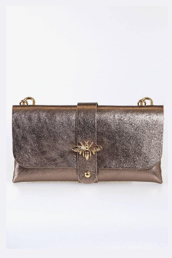 Champagne Bee Emblem Leather Clutch Bag