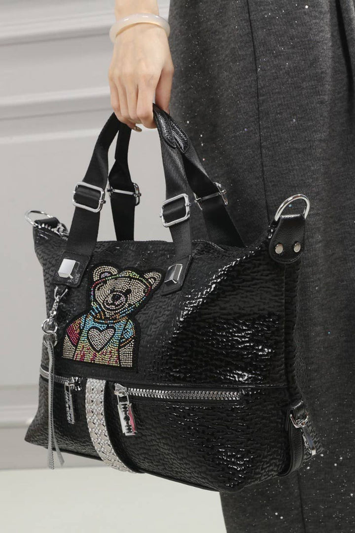 Chic Handbag with Rhinestone Teddy Bear in Black