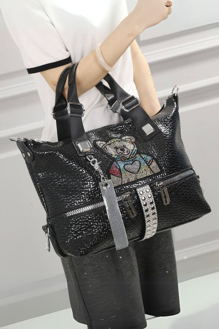 Chic Handbag with Rhinestone Teddy Bear in Black