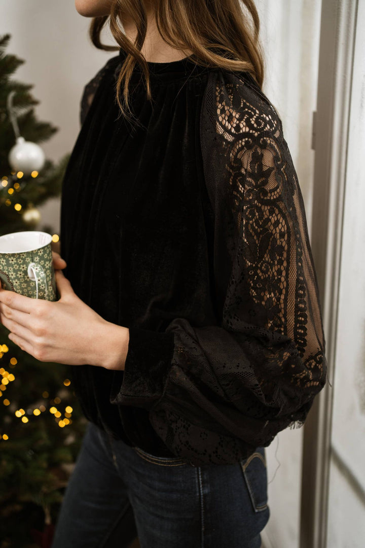 Choklate 80815 Velvet Blouse With Lace Sleeves