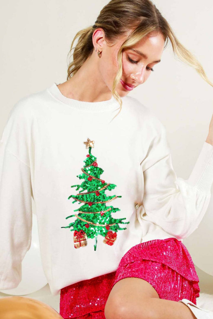 Christmas Tree Ivory Sequin Jumper