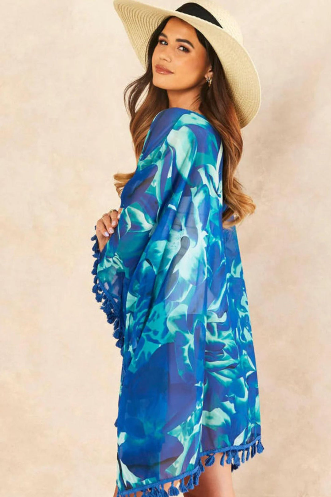 Cobalt Blue Petal Print Sheer Oversized Cover-Up