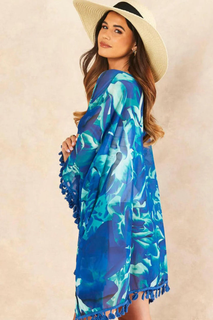Cobalt Blue Petal Print Sheer Oversized Cover-Up