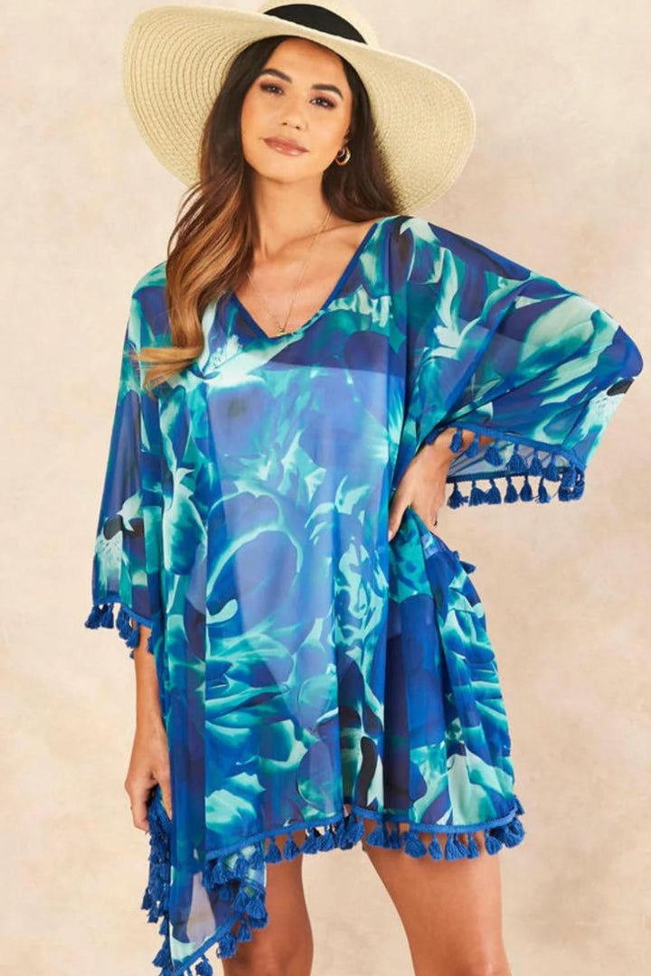 Cobalt Blue Petal Print Sheer Oversized Cover-Up