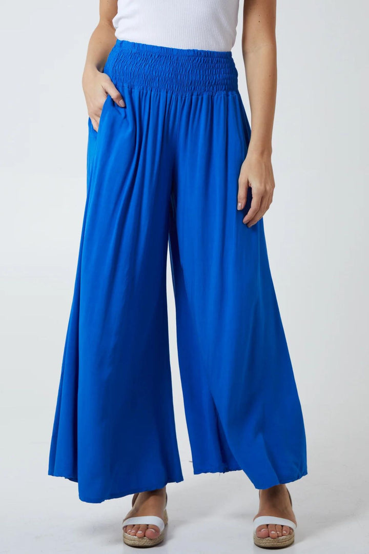 Cobalt Blue Shirred Waistband Wide Leg Trousers