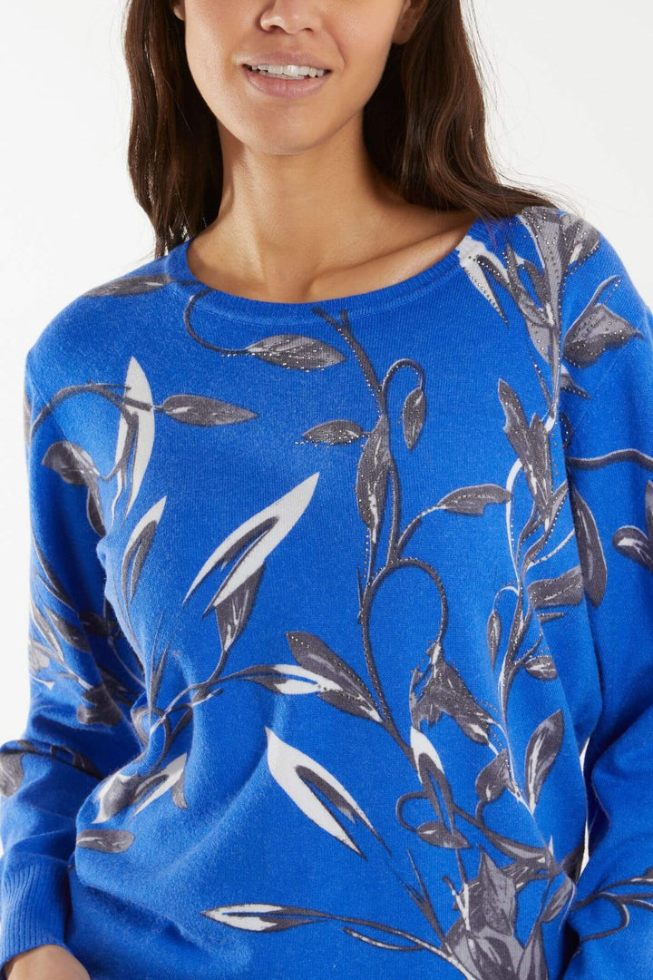Cobalt Leaf Print Diamante Embellished Knit Jumper