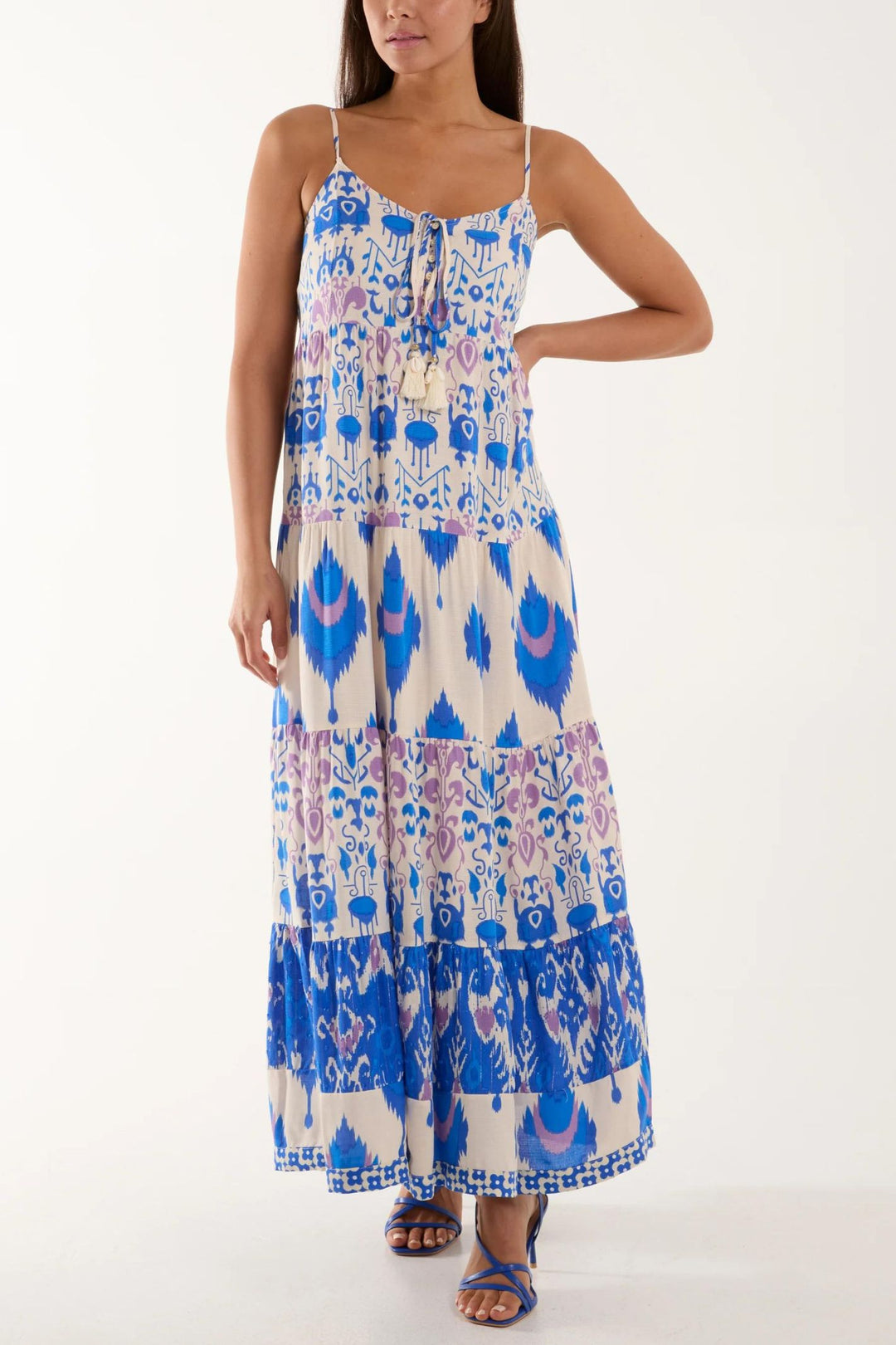 Cobalt Tribal Batik Print Tiered Maxi Dress