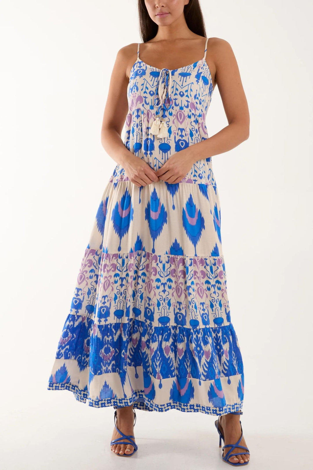 Cobalt Tribal Batik Print Tiered Maxi Dress