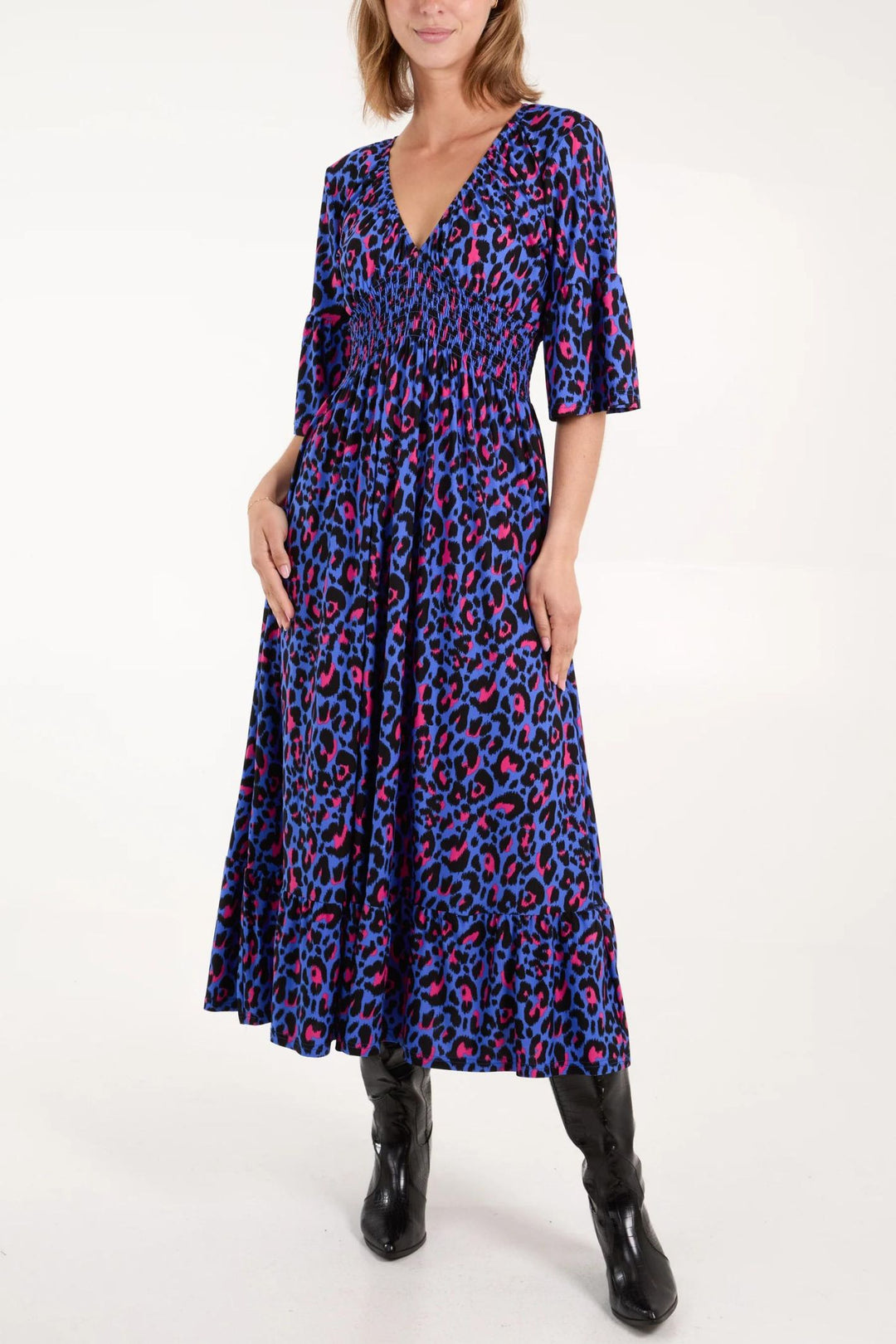 Cobalt & Hot Pink Animal Print Shirred Midi Dress Experience Boutique Cobalt & Hot Pink Animal Print Shirred Midi Dress Experience Boutique