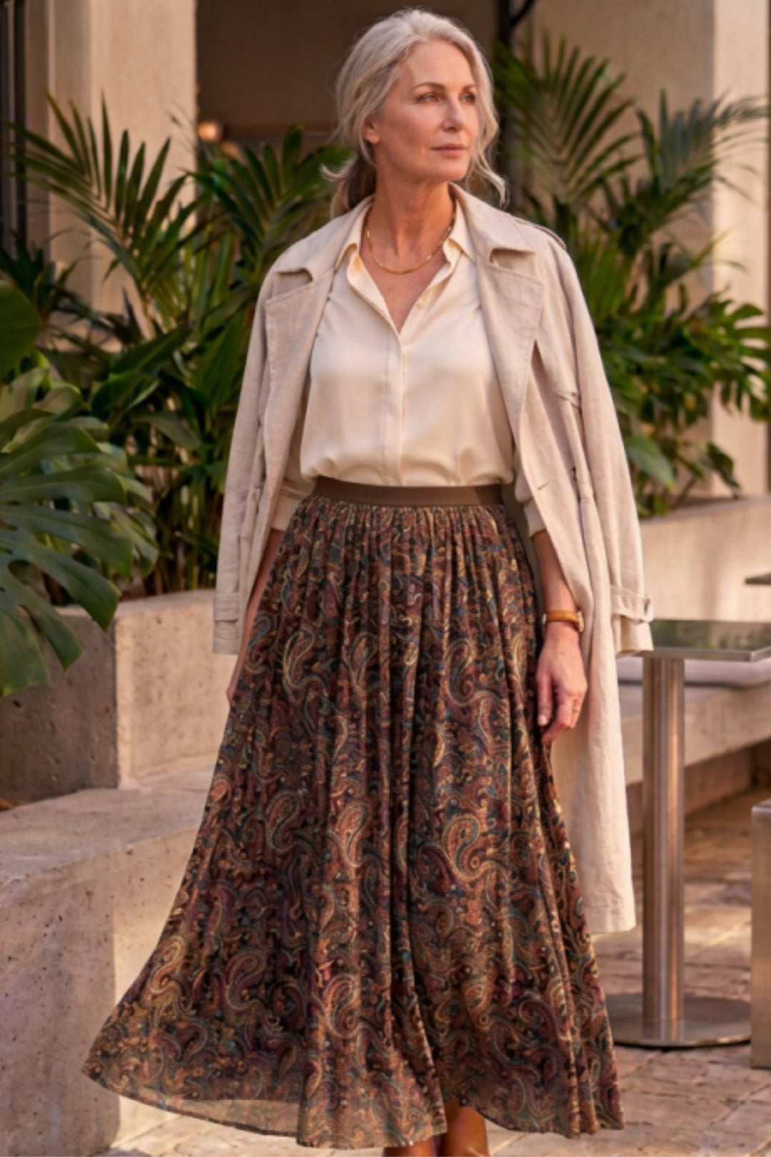 Coffee Paisley Pleated Maxi Flowy Skirt