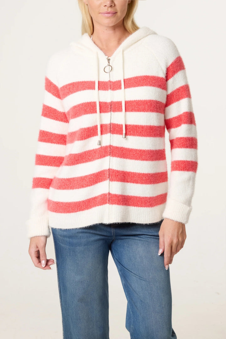 Coral Stripe Super Cosy Zip Cardi Hoodie