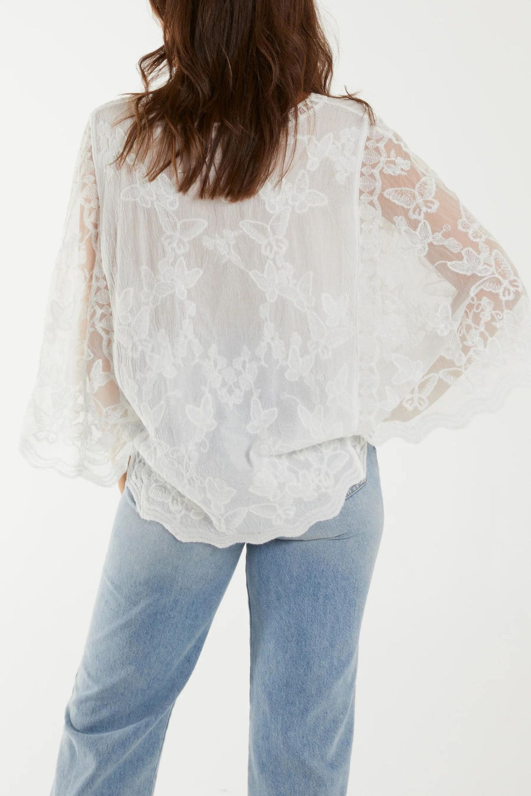 Off White Butterfly Embroidered Lace Scallop Sleeve Top