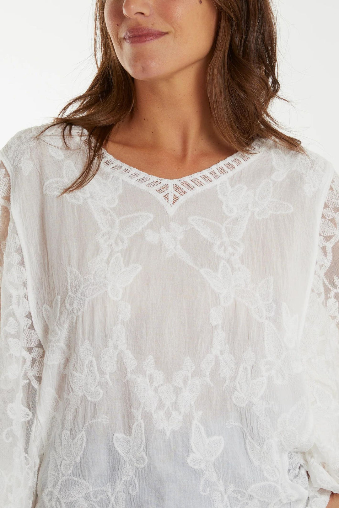 Off White Butterfly Embroidered Lace Scallop Sleeve Top