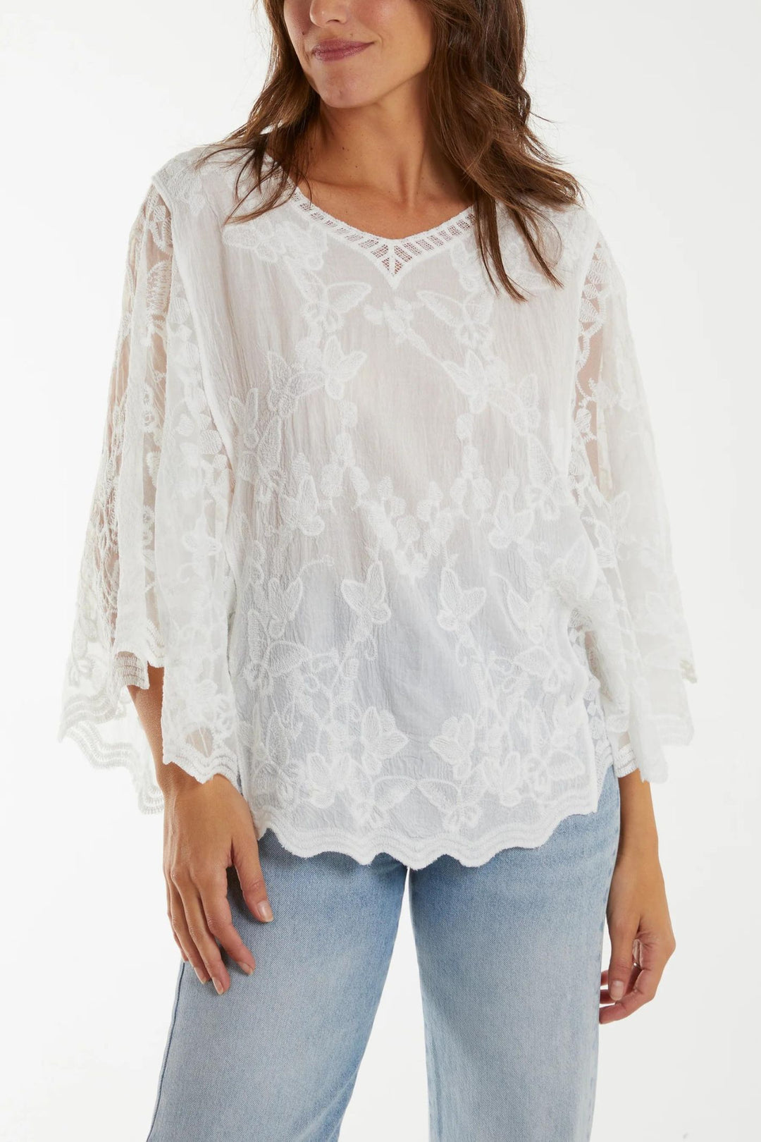 Off White Butterfly Embroidered Lace Scallop Sleeve Top