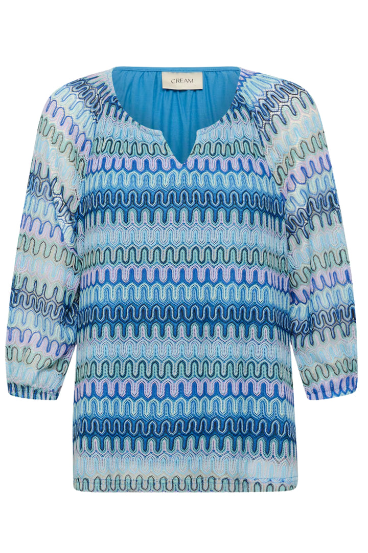 Cream CRCova Blue Retro Print Crochet Blouse
