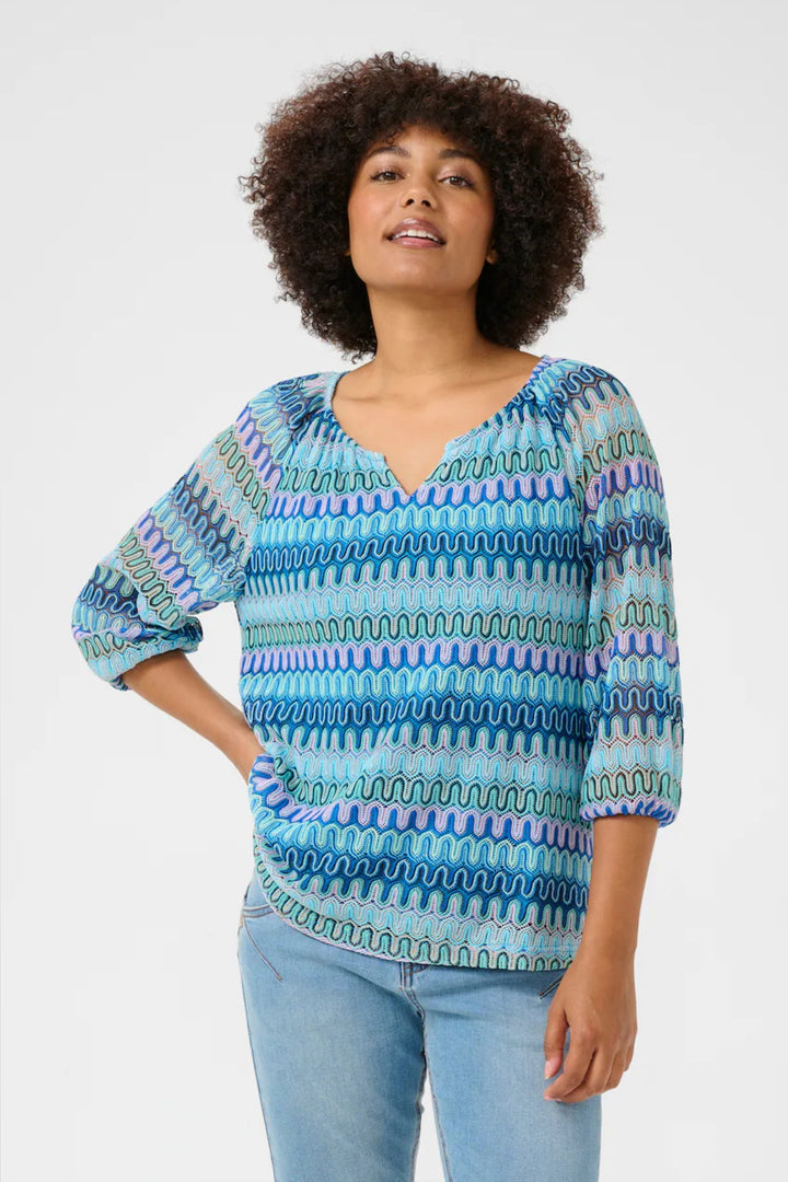 Cream CRCova Blue Retro Print Crochet Blouse
