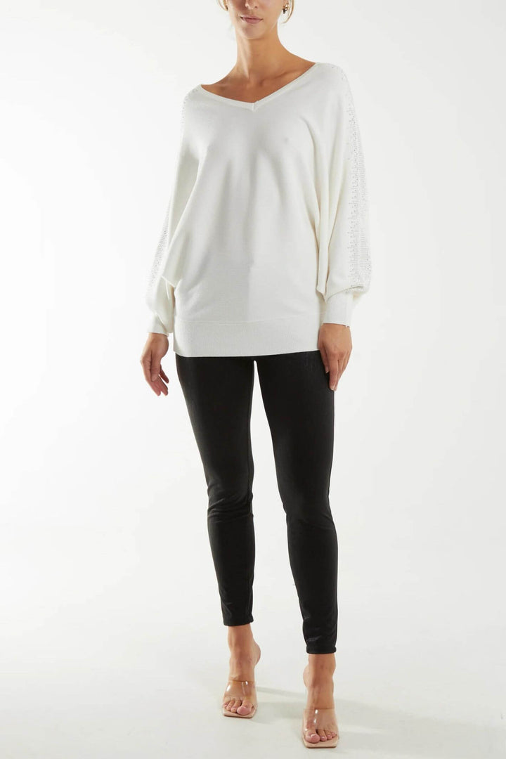 Cream Diamante V-Neck Batwing Knitted Jumper