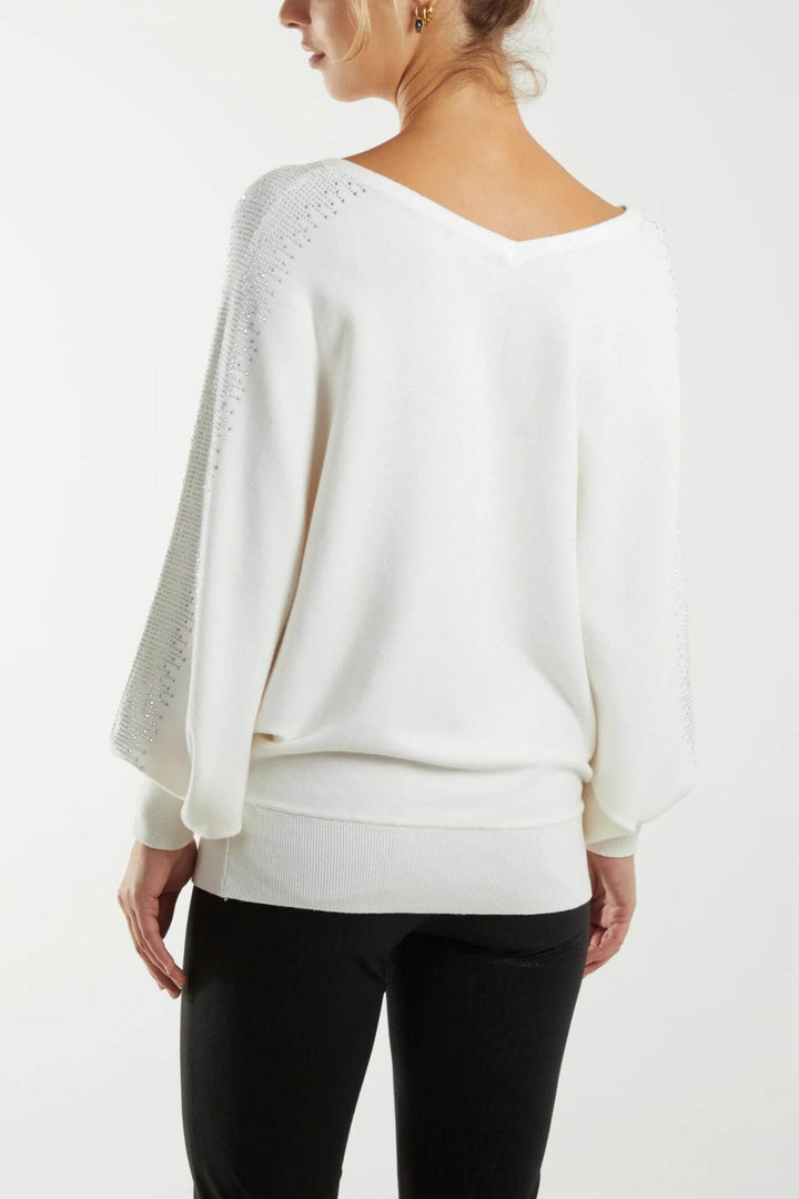 Cream Diamante V-Neck Batwing Knitted Jumper