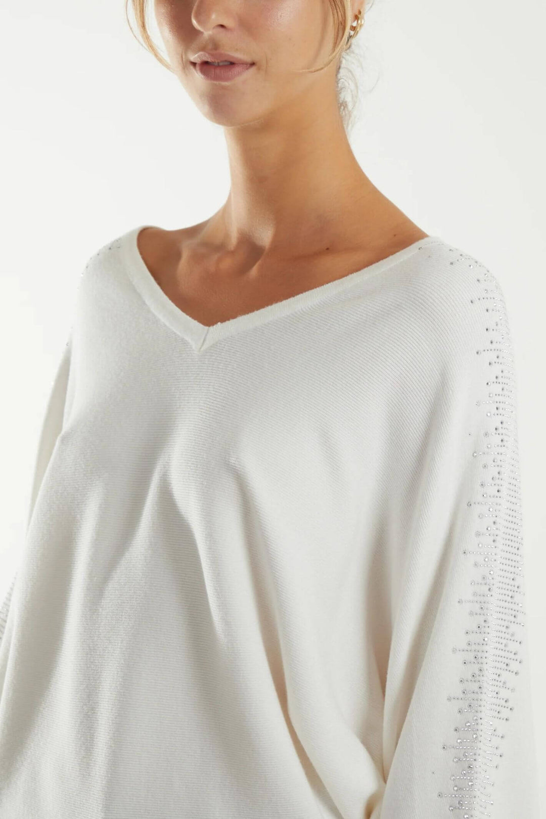 Cream Diamante V-Neck Batwing Knitted Jumper