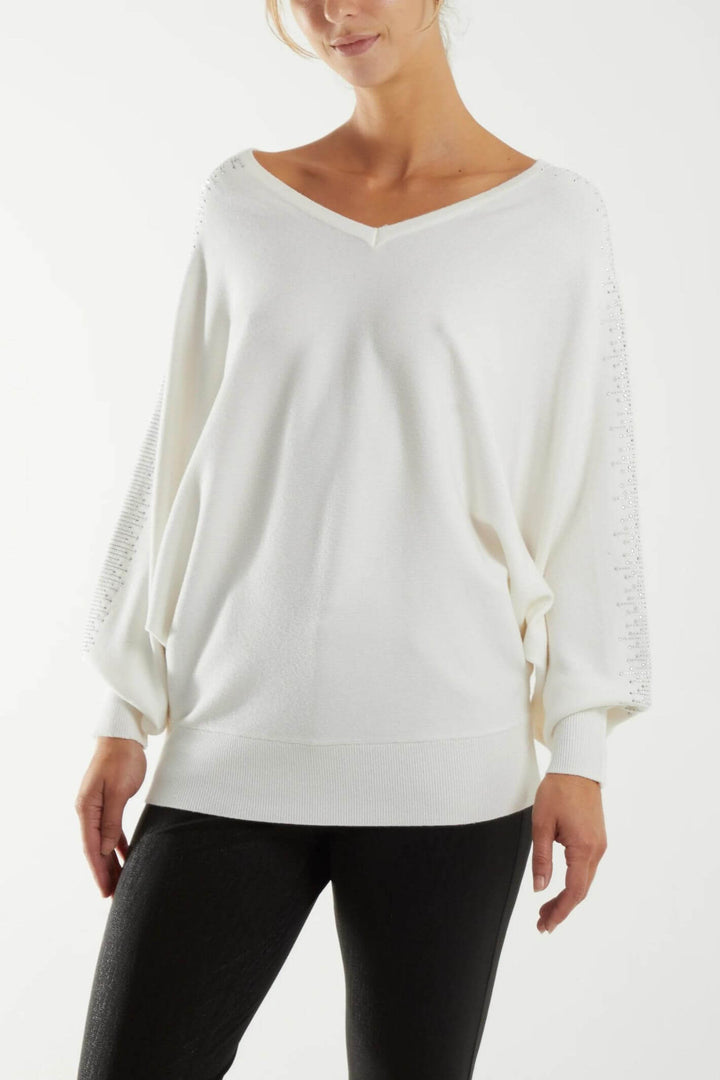 Cream Diamante V-Neck Batwing Knitted Jumper