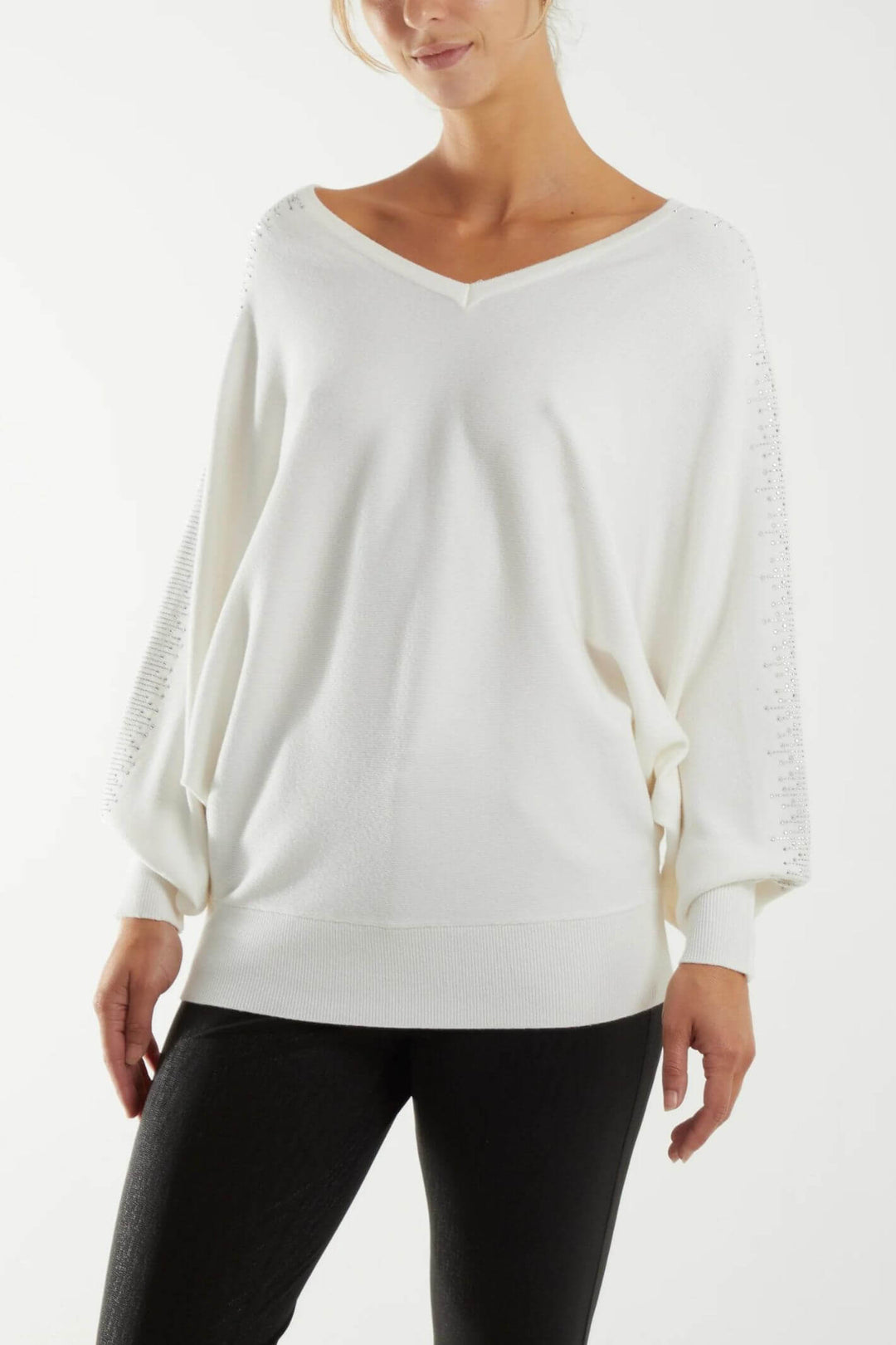 Cream Diamante V-Neck Batwing Knitted Jumper